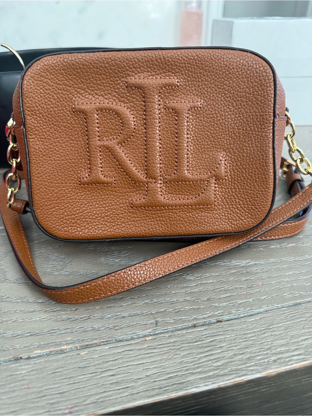 Ralph Lauren Chestnut Pebbled Leather RL Embossed Crossbody